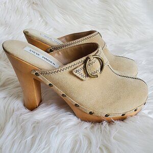 Steve Madden Faris Suede Vintage Studded Clogs Mules Wooden Heels SZ 8